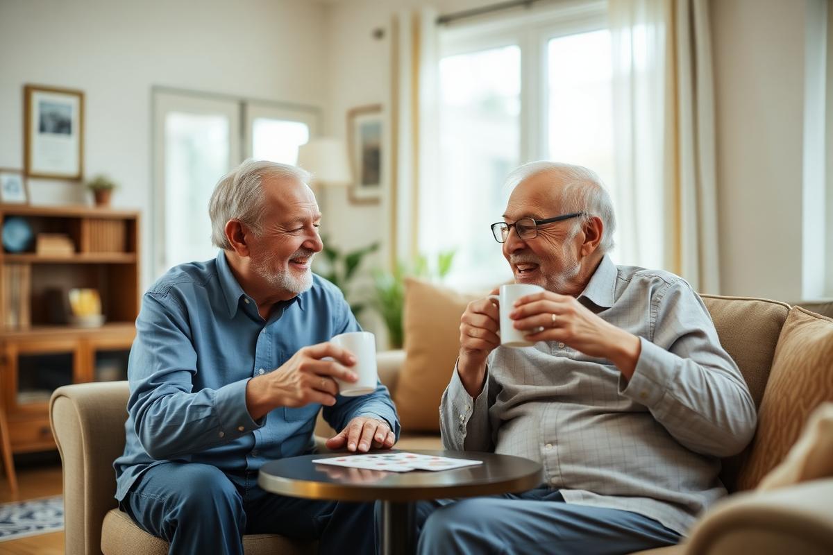 Two older men laughing over coffee and a card game in a sunny living room