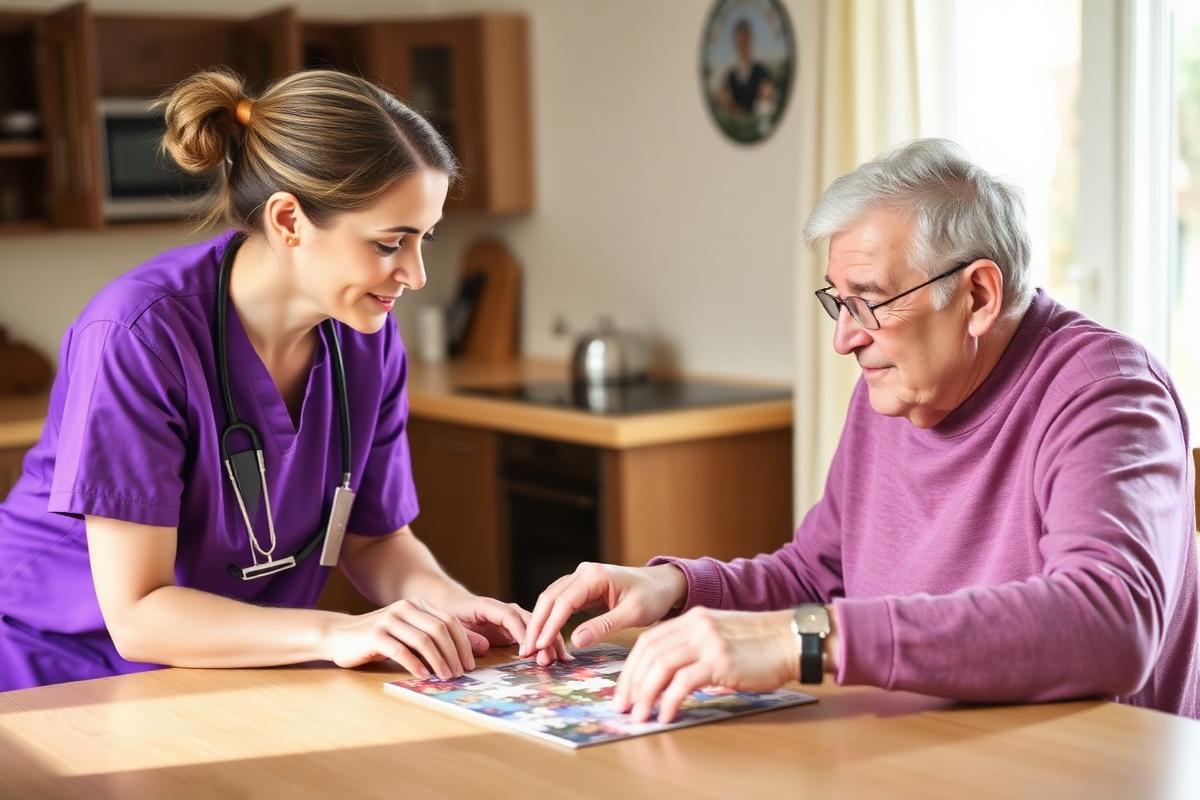 Caregiver in purple scrubs patiently working on a puzzle with an older man at his kitchen table