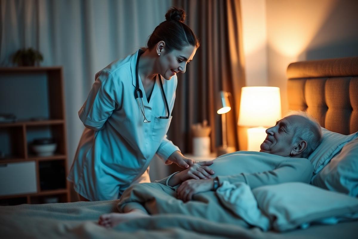 Caregiver checking on a resting older man in a softly lit bedroom at night