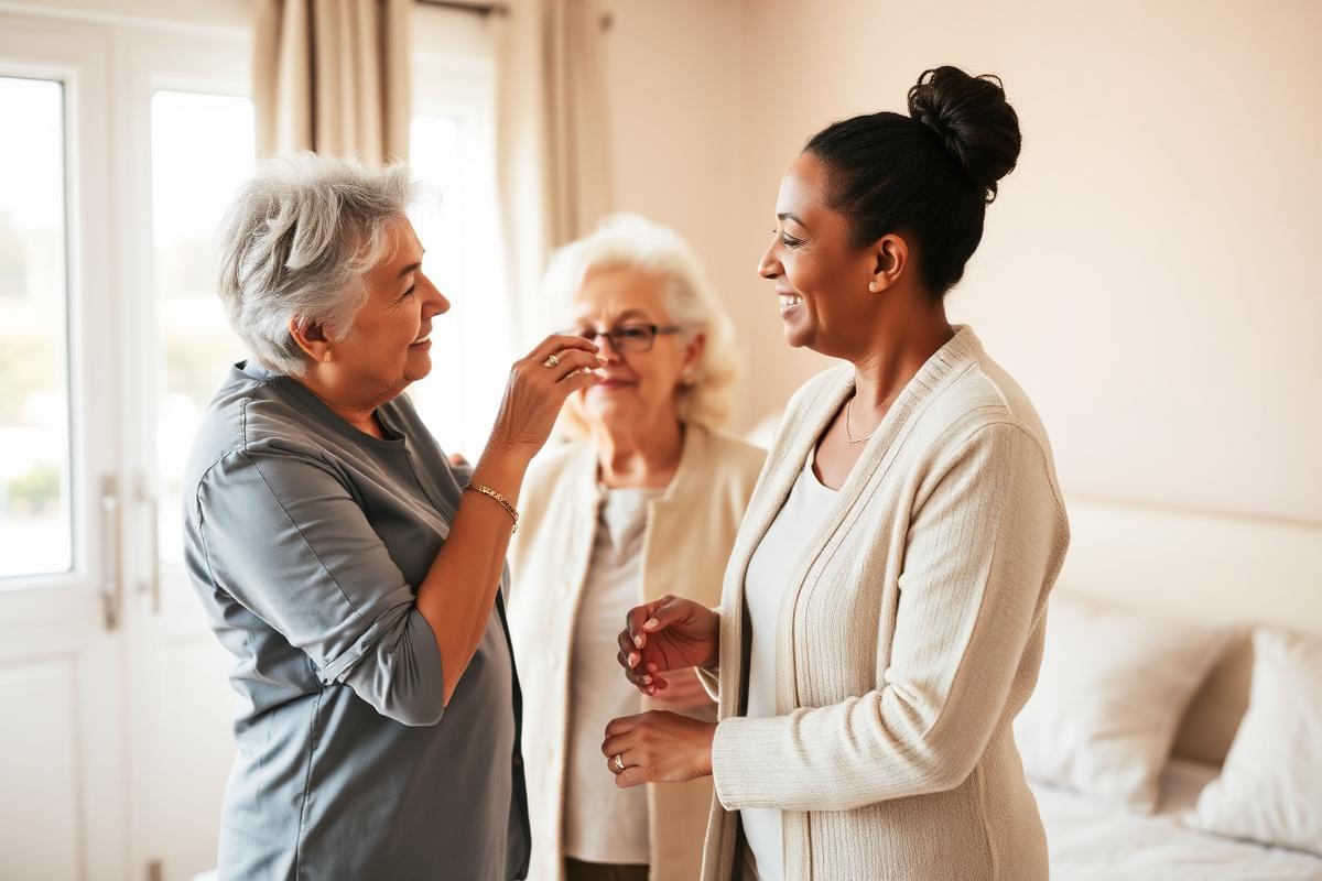 Caregiver helping an older woman get ready in a bright bedroom
