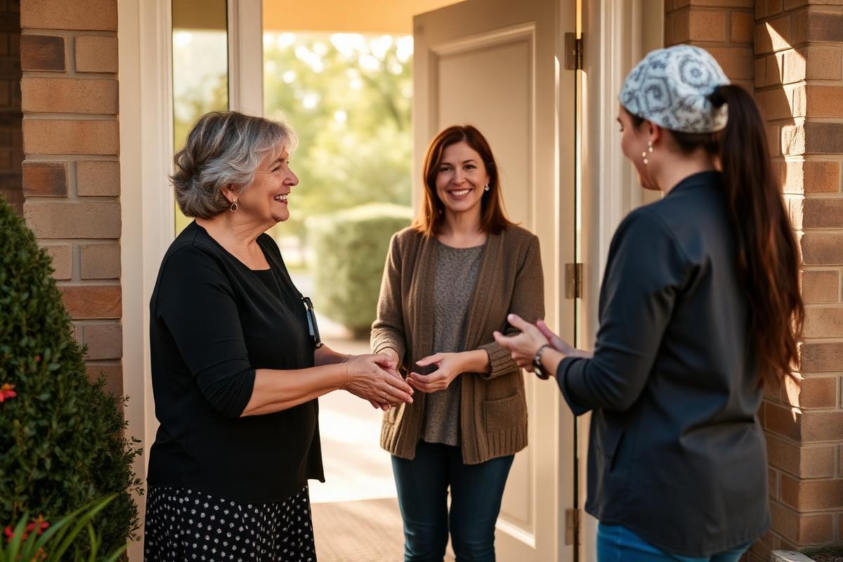 Adult daughter greeting a professional caregiver at the front door of a Texas home